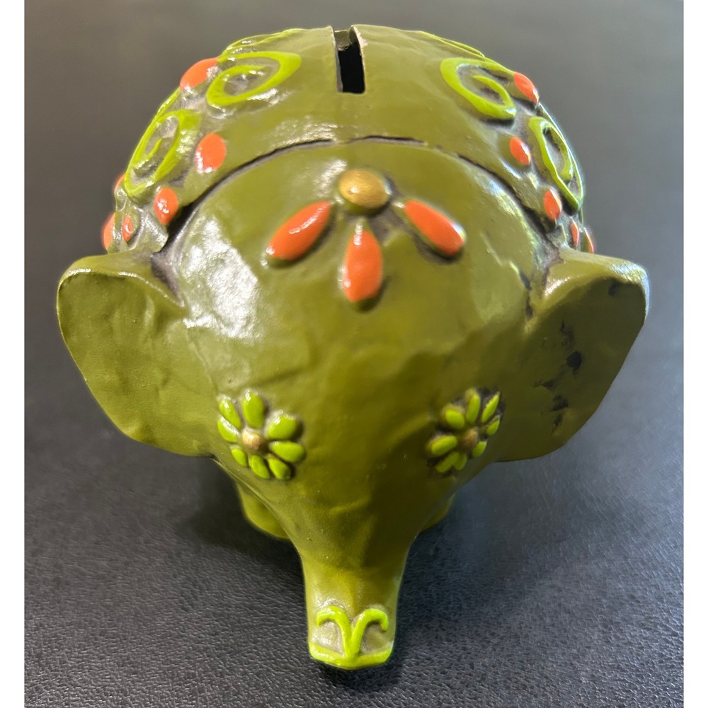 VTG 60s Fitz & Floyd Elephant Piggy Coin Bank Green Painted Paper Mache MCM